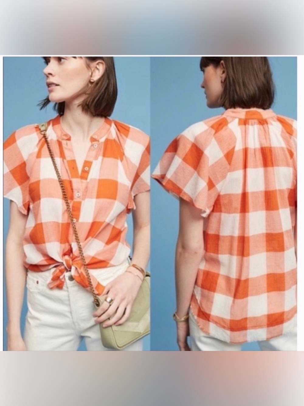 Anthropologie Maeve Orange Buffalo Plaid Button Down Short Sleeve Top. Size XS